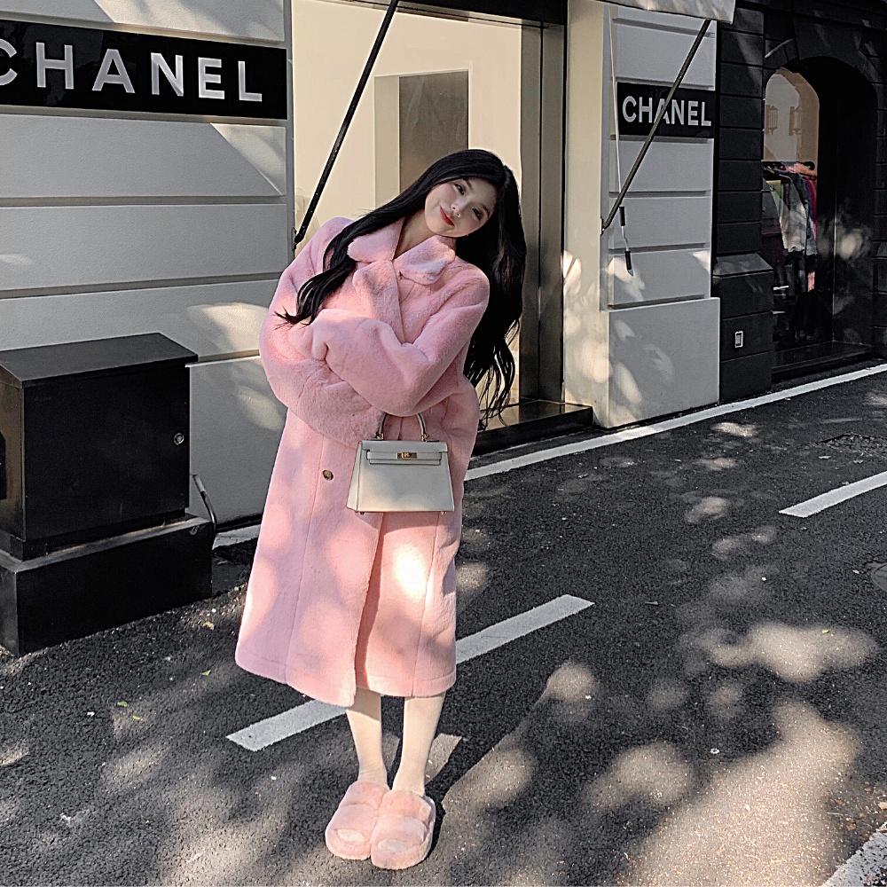 Áo khoác lông dáng dài YIMI màu hồng trắng