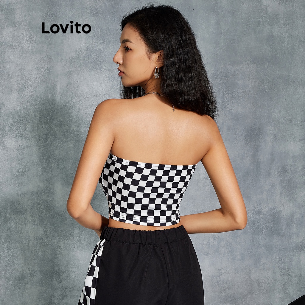 Lovito Áo Ống Không Tay Bandeau Họa Tiết Kẻ Ô Trắng Đen L20D1072