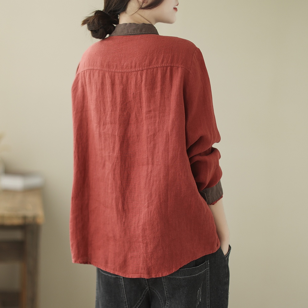 Ice cotton linen long-sleeved shirt blouse lapel casual linen counter withdrawal of the big brand literary collision color