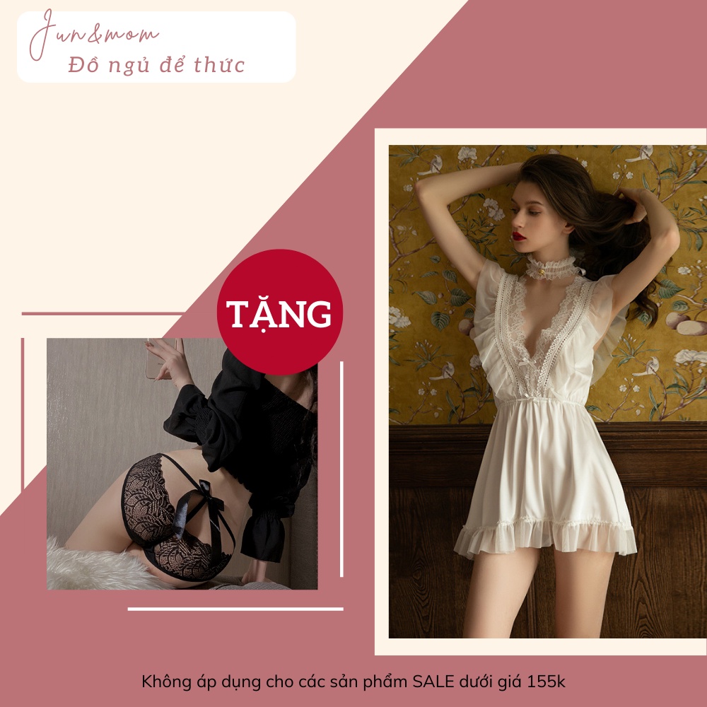 Đồ ngủ sexy gợi cảm Jun & Mom dây vai xếp ly bản rộng phối ren chất lụa mềm mượt không mút lót ngực thoãi mãi_DN07
