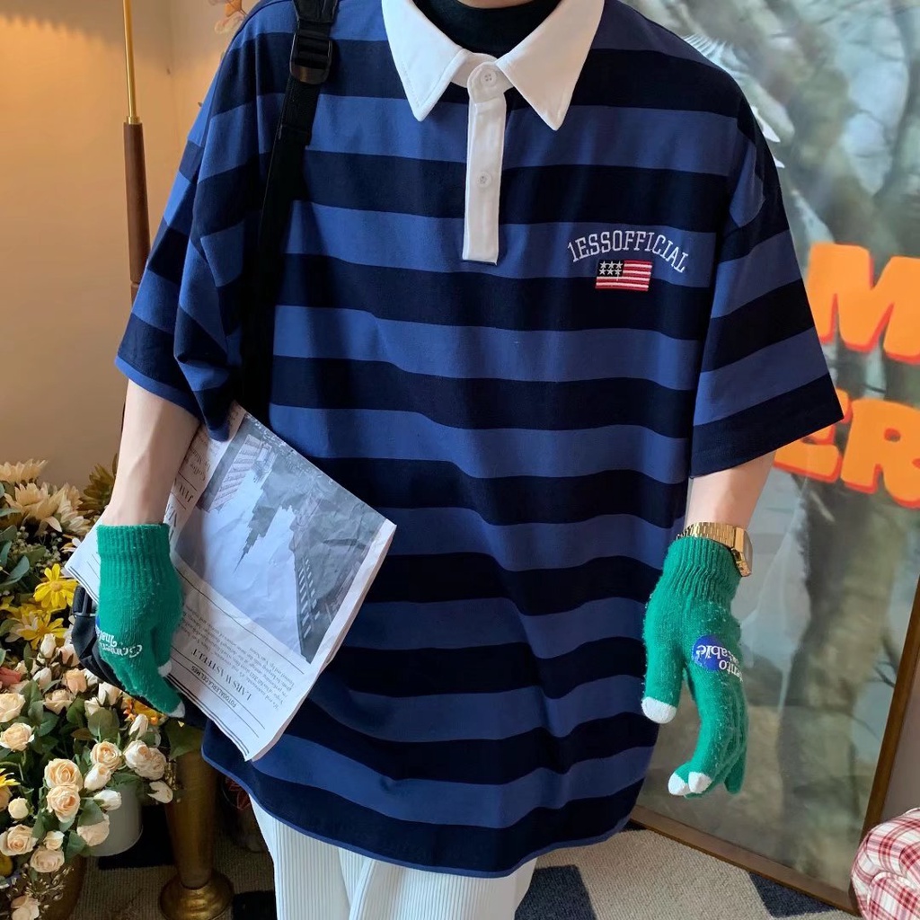 Áo polo Dáng Rộng Họa Tiết Kẻ Sọc Thời Trang Mùa Hè Cho Nam