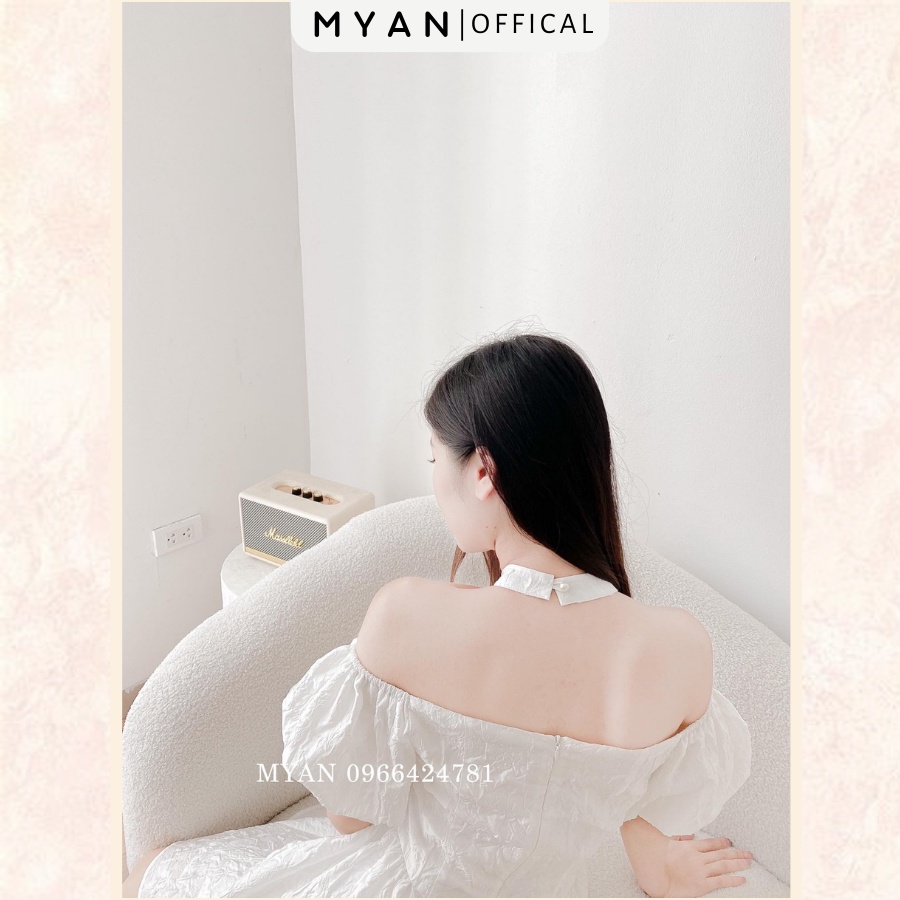 Váy Cổ Yếm Sang Chảnh Tay Bồng MYAN Thiết Kế Trắng Đi Tiệc Gấm Trắng Màu Trơn VVN092203