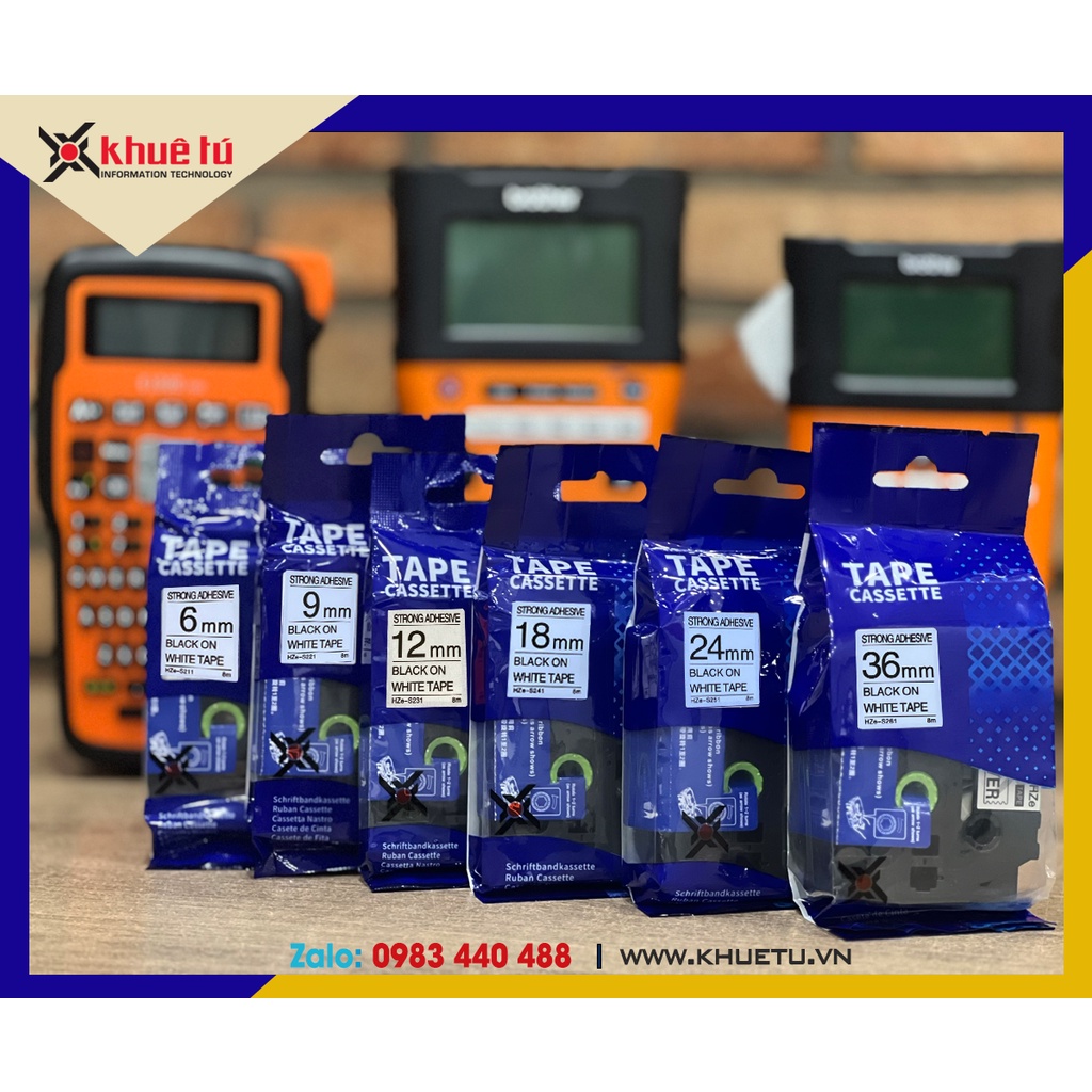 Băng nhãn dán có độ bám dính cao  HZe-S màu trắng , khổ 6-36mm dùng cho máy in nhãn Brother