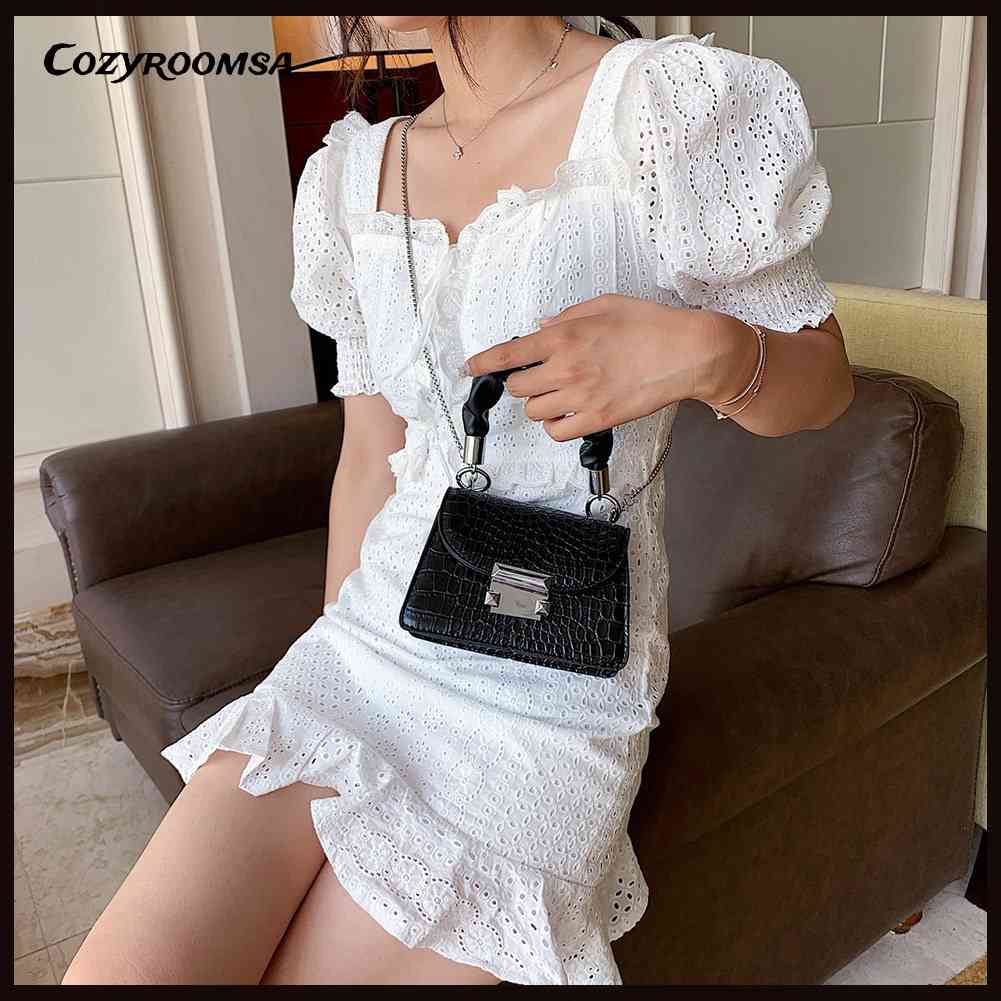 Túi Đeo Chéo Mini Da PU Vân Da Cá Sấu Phối Dây Xích Thời Trang Cho Nữ
