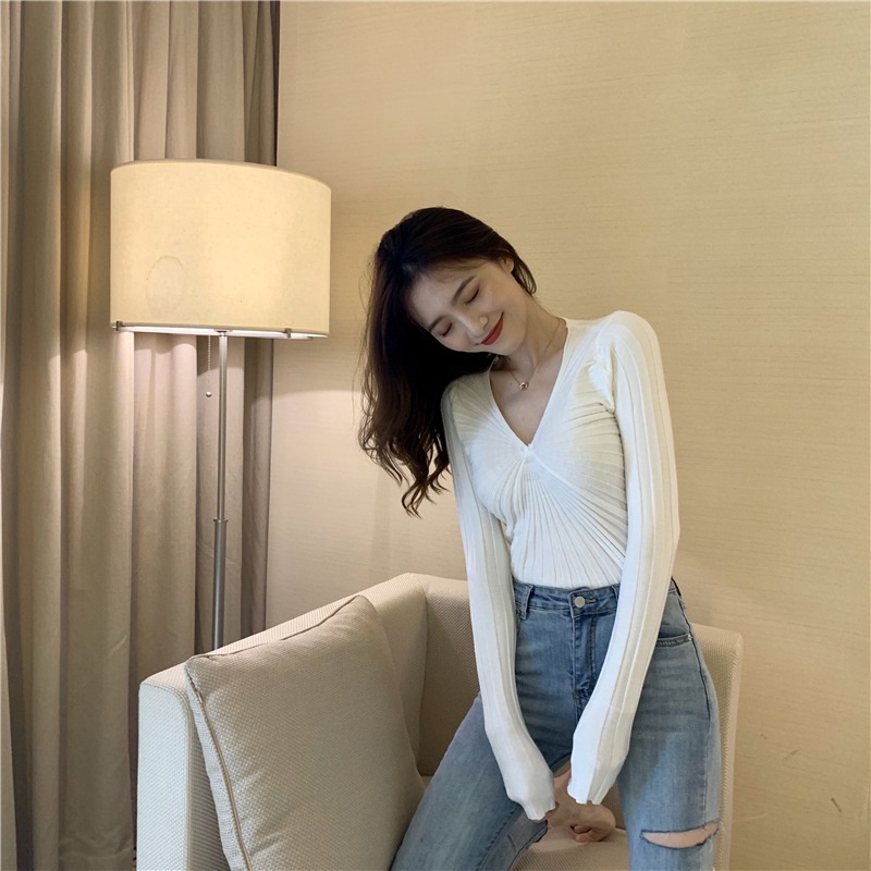 Áo Len Tay Dài Cổ Chữ V Xếp Ly Ôm Dáng Quyến Rũ Hợp Thời Trang Cho Nữ