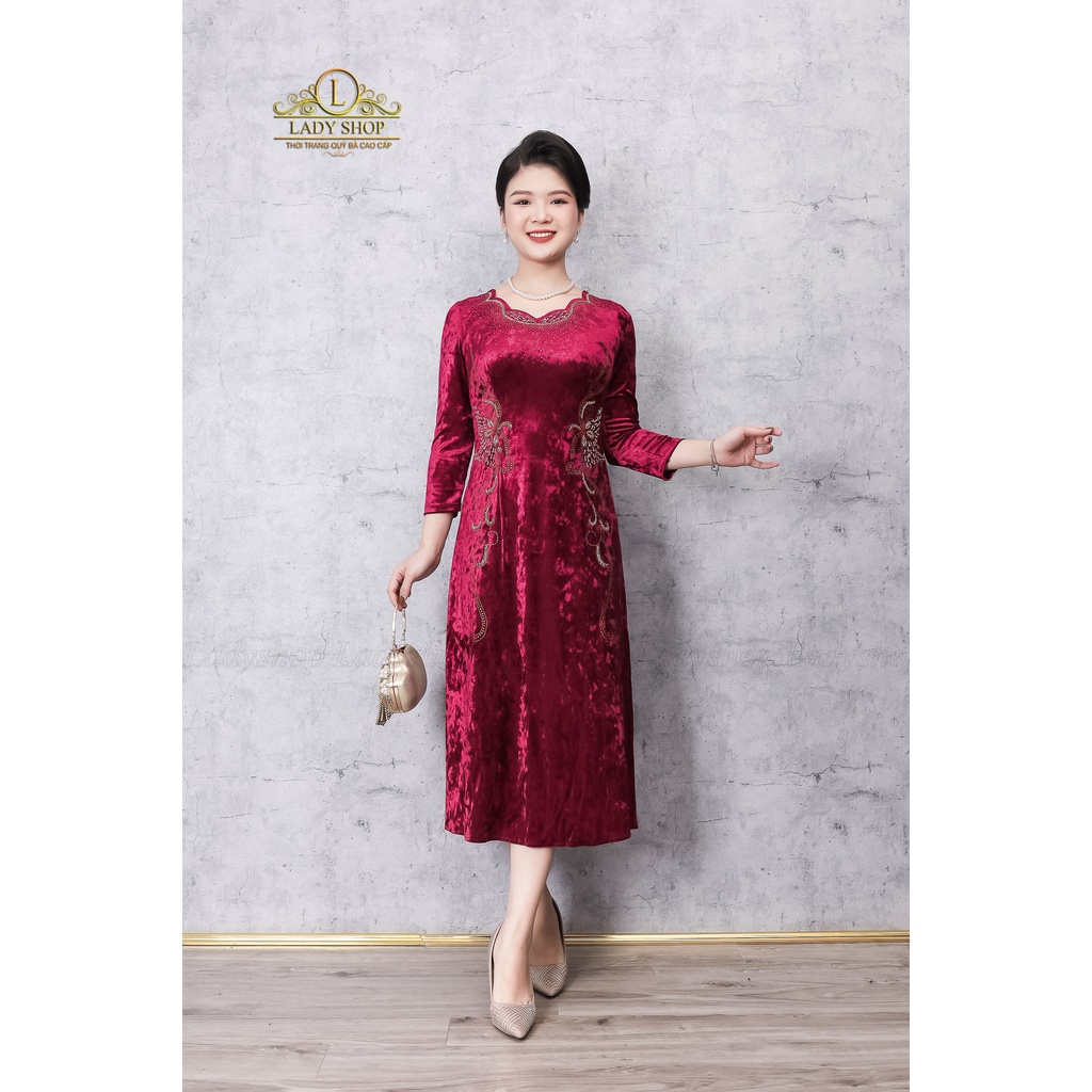 Đầm nhung tuyết cổ hoa dây hoa rủ Ladyshop thời trang trung niên cao cấp TK997