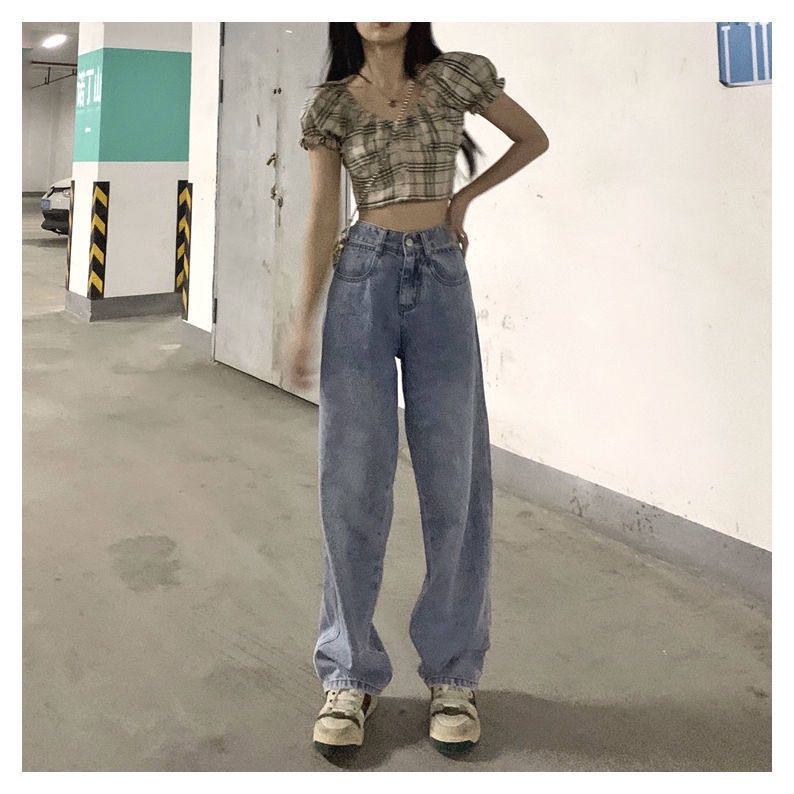 Women's Retro Plaid Cropped Top Shirt Puff Sleeve Off-the-Shoulder Collarbone Short Top 2022 Summer New