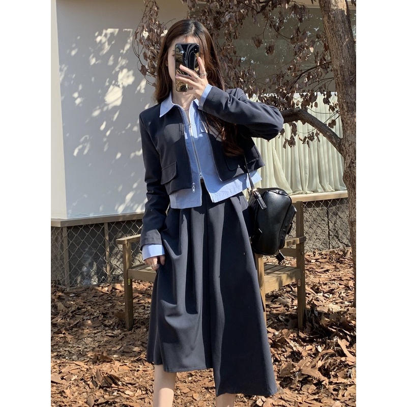 Set Áo Khoác Ngắn Tay Dài + Áo Sơ Mi + Chân Váy Thời Trang Mùa Thu 2022 Phong Cách Pháp Mới Cho Nữ