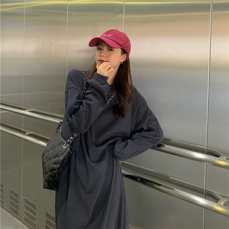 Đầm dài qua gối SUXI cổ tròn dáng rộng màu sắc đơn giản thời trang mùa thu dành cho nữ