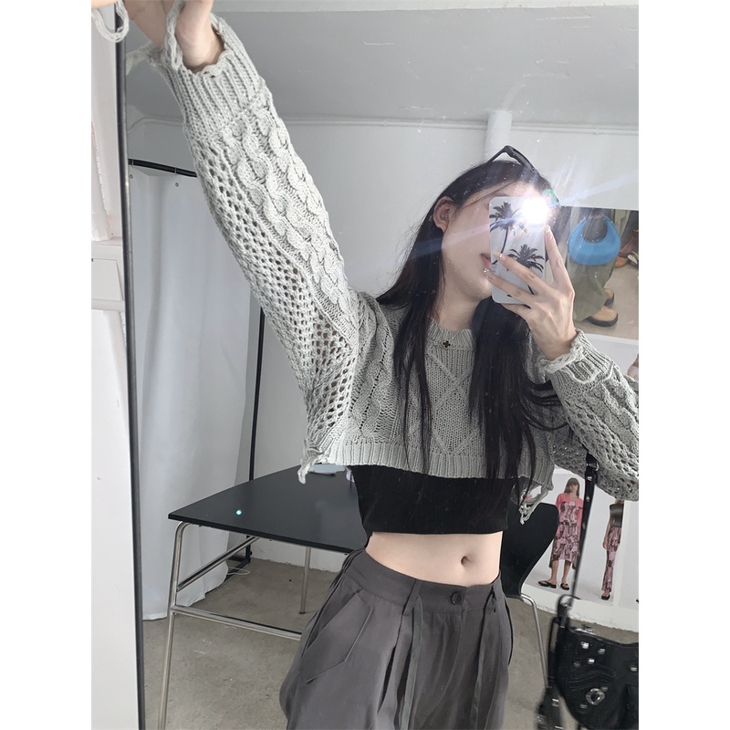 QKOOLE Áo sweater  dệt kim tay dài dáng ngắn phong cách Hàn Quốc thời trang cho nữ