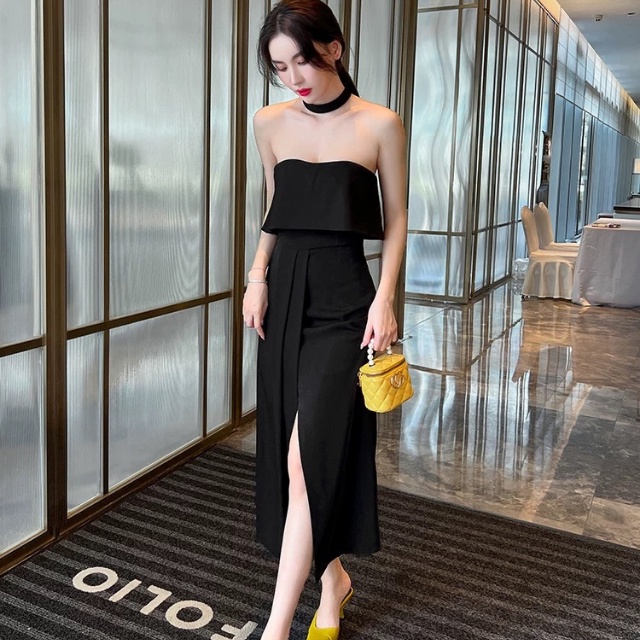Váy đen sẻ tà dự tiệc sang chảnh TIBU, đầm maxi (không kèm phối cổ) du lịch đi chơi siêu xinh