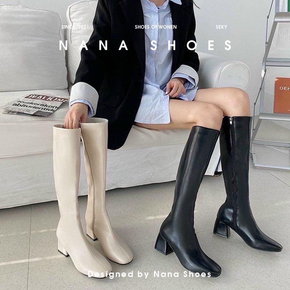 Bốt Nữ Cao Cổ Ngang Đầu Gối Đế Cao 5 Phân Boot Lửng Nữ Da Mềm Có Khóa Mã M6 - Nana Shoes