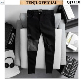 Quần jean nam đen TENJI QJ1110 chất bò co dãn rách gối in họa tiết cá tính kiểu dáng kinny size (28-32+34)