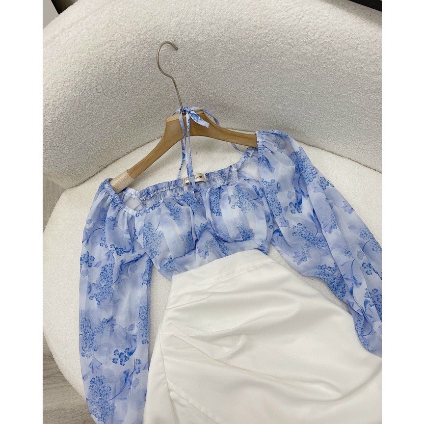 Set Áo Voan Tơ Trễ Vai Tay Bồng, Chân Váy Kaki Mango Nhẹ Nhàng Thanh Lịch, Mã số A46