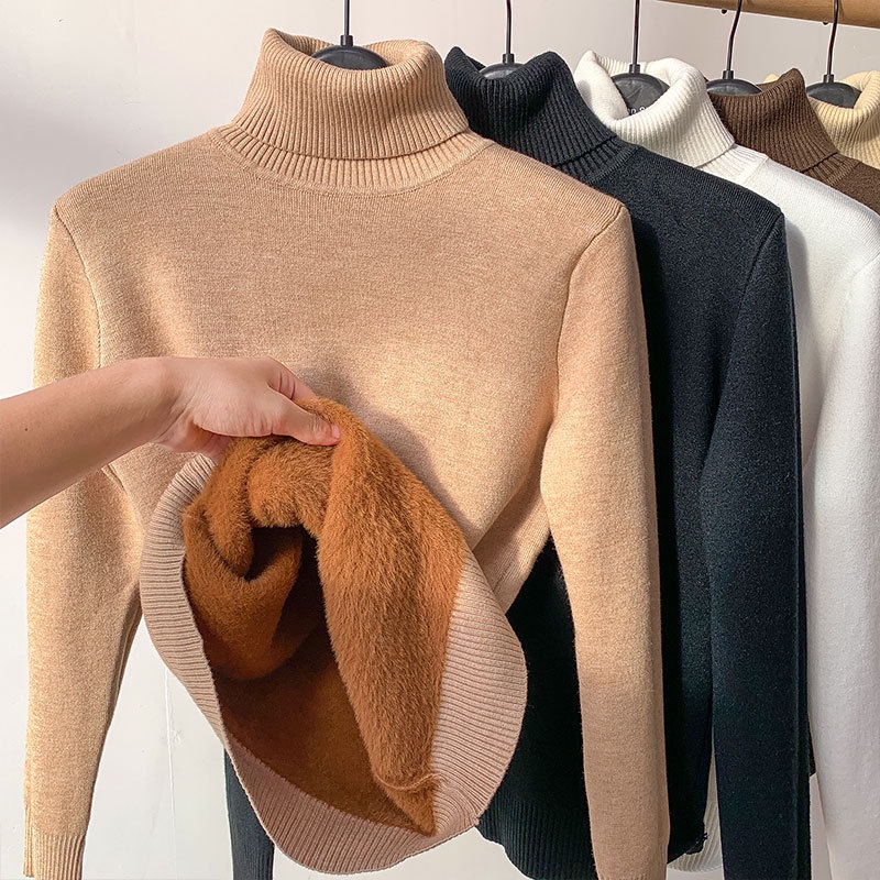 UIOWOO  Áo Sweater Cổ Lọ Lót Lông Cừu Dày Dặn Ấm Áp Thời Trang Năm Mới Cho Nữ