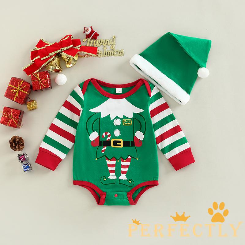 Bộ Áo Liền Quần Tay Dài Cổ Tròn In Hoạt Hình + Mũ Ông Già Noel Cho Bé 0-24 Tháng Tuổi