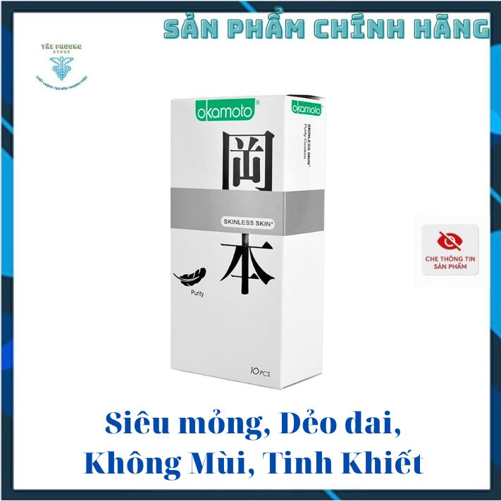 Bao Cao Su Okamoto Skinless Skin Purity, Siêu mỏng, Dẻo dai, Không Mùi Tinh Khiết - Hộp 10 Cái