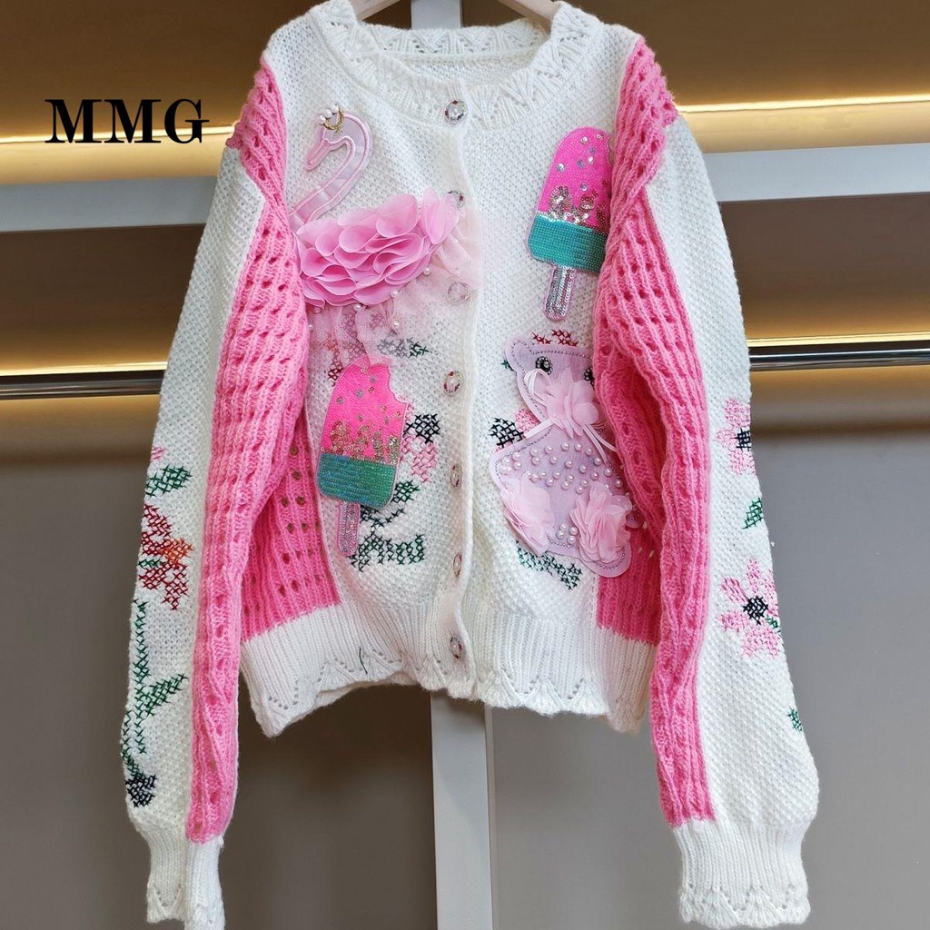 Áo Dệt Kim Dáng Rộng Một Hàng Nút Cài Một Chiều Màu Hồng Hoạt Hình Phong Cách Thái Lan Ngọt Ngào Thời