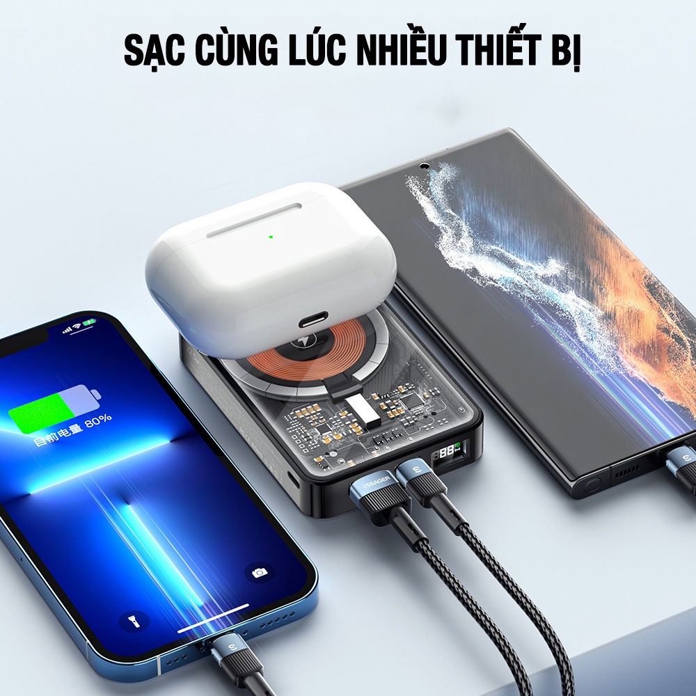 Sạc dự phòng không dây trong suốt WEKOME 22.5W dung lượng 10.000 mAh thiết kế độc đáo cho điện thoại iP