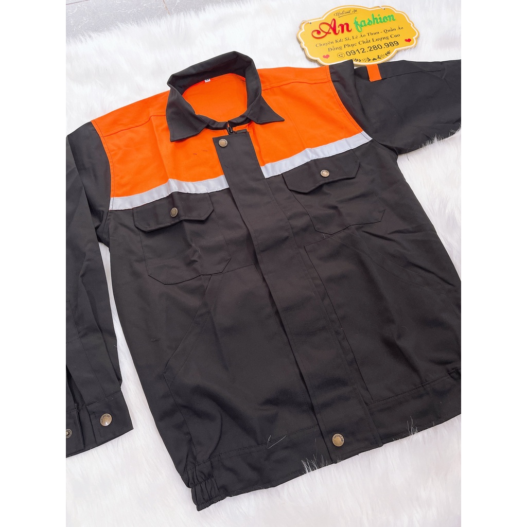 Đồ bảo hộ lao động, Quần áo công trình vải kaki may đẹp màu đen phối cam _ Hình chụp thật
