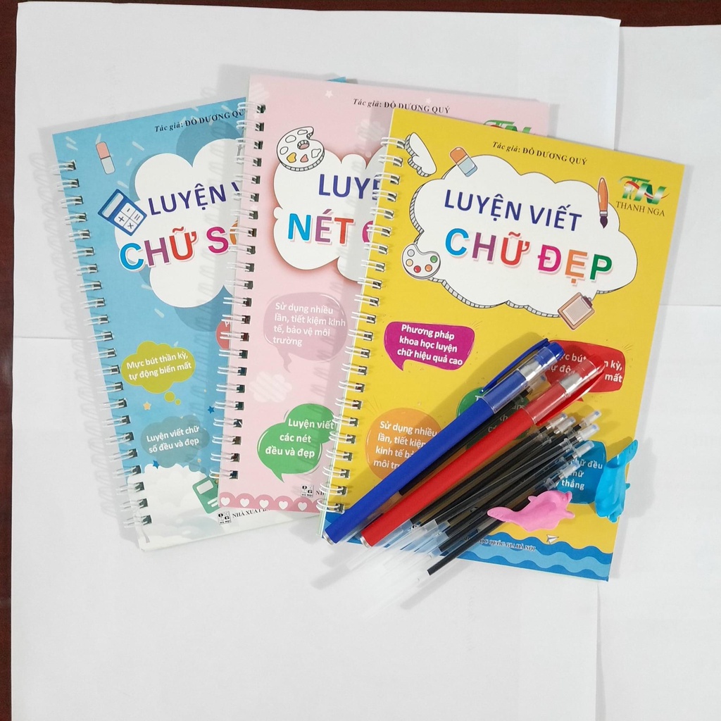 Combo 3 Quyển Luyện Viết Chữ, Số, Nét Cơ Bản Tự Xóa Thông Minh Cho Bé - Tặng Kèm Bút Mực Bay Màu