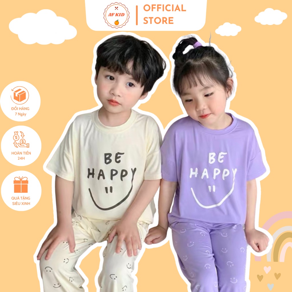 Bộ quần áo trẻ em tay cộc quần dài AFKID Be Happy cho bé trai bé gái, vải thun lạnh cao cấp 7-27kg