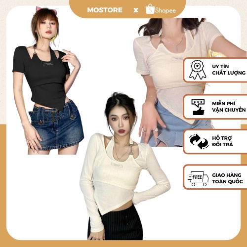 Áo Croptop Vạt Chéo Trước Sau Cổ Yếm Phối Xích Độc Đáo