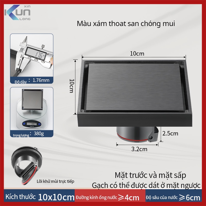 Thoát Sàn Chống Mùi Vô Hình Xám Cao Cấp Xinkunlong ，Có thể được khảm bằng gạch ，Thoát sàn phòng tắm inox SUS304 ngăn mùi thoát sàn ga thoát sàn