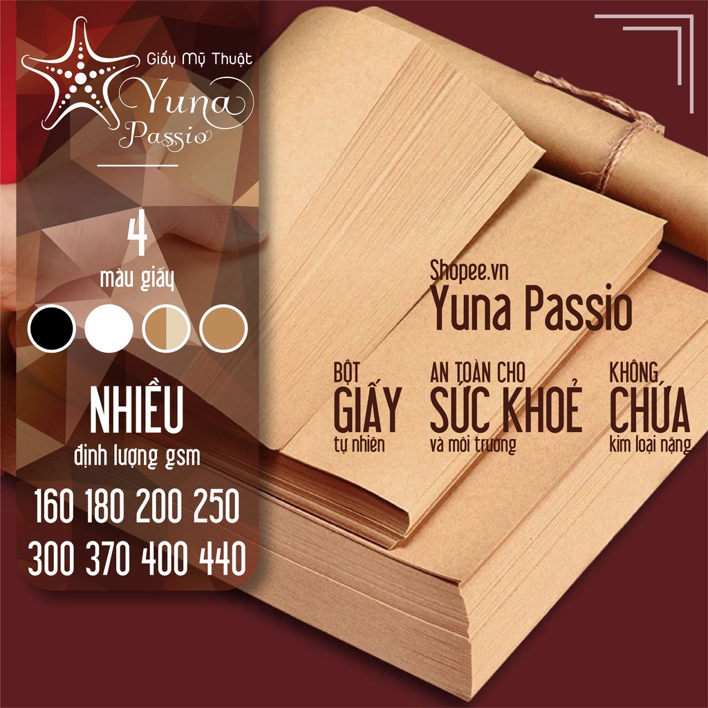 50 Tờ Giấy Kraft Nhật A5 A4 160gsm Dày Đẹp - Giấy vẽ mỹ thuật phác hoạ chì, màu nước, Có Chứng Nhận FSC, giấy Kraft YUNA