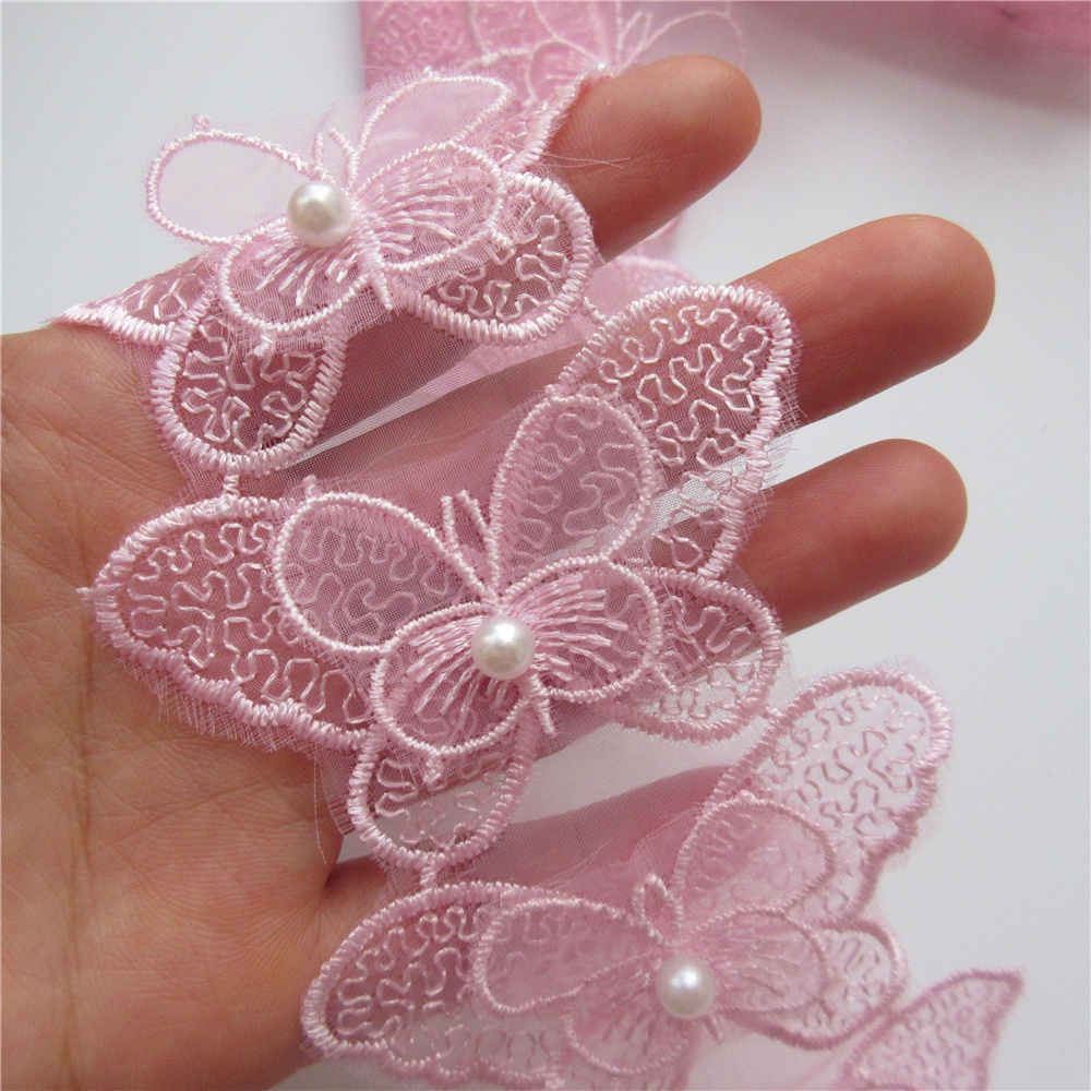 Set 10 Dây Ruy Băng Thêu Ren Hoa Bướm Hòa Tan Đính Hạt Ngọc Trai Trang Trí Đám Cưới