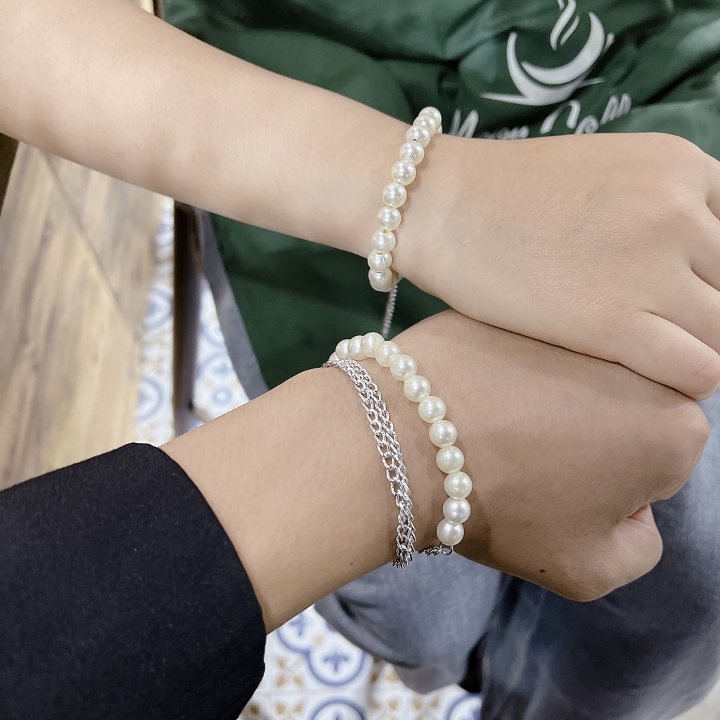 Vòng Tay ngọc trai nhân tạo mix dây bạc Nam Nữ basic hàng thiết kế