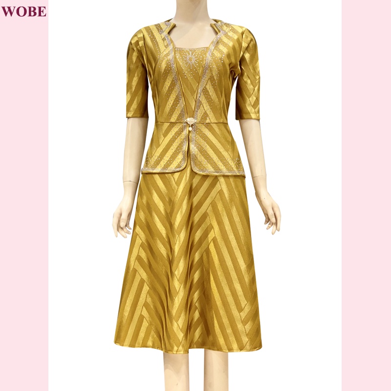 Đầm trung niên sang trọng WOBE, thiết kế cao cấp dự tiệc cho mẹ chất co giãn đến 80kg DN11 Vàng lơ - WB WOMAN &amp; BEAUTY