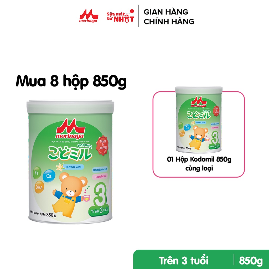 Thùng 8 Lon Sữa Morinaga Kodomil số 3 Nhật Bản Hương Vani 850g Đề Kháng Tốt, DHA, Ca Trên 3 Tuổi Chính Hãng