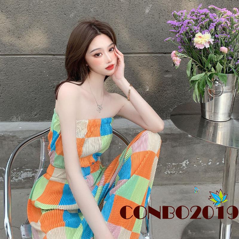 Set Đồ 2 Món Gồm Áo Không Tay Họa Tiết Kẻ Sọc Nhiều Màu + Quần Ống Rộng Lưng Cao Co Giãn Cho Nữ