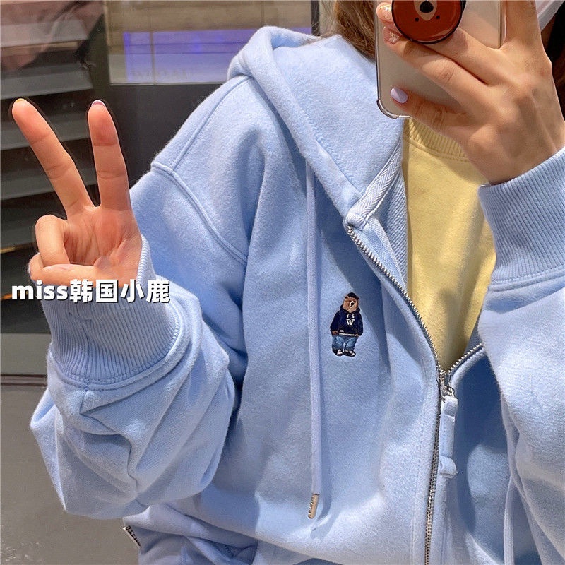 Áo Khoác Hoodie Hàn Quốc WHOAU Bear TW Lót Lông Cừu Ngoại Cỡ Đường Phố Cho Cặp Đôi