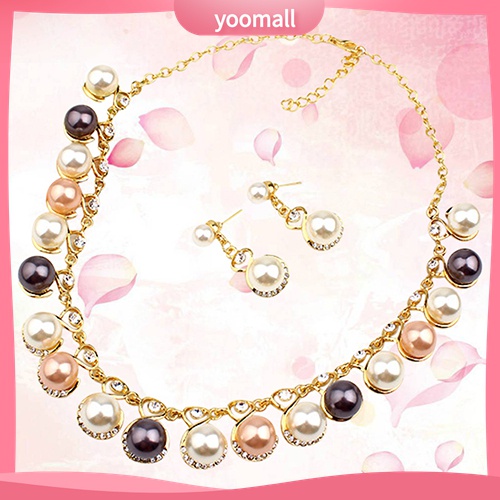 Bộ Vòng cổ + Bông Tai Đính Đá &amp; Ngọc Trai Nhân Tạo Cho Nữ