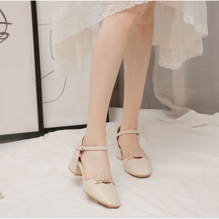 Sandal Cao Gót Đính Đá Đế Cao 3 Phân Mũi Vuông