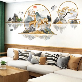 Decal Dán Phòng khách mẫu cặp nai vàng 3D