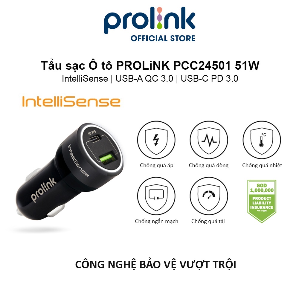 Tẩu sạc Ô tô PROLiNK PCC24501 51W 2 cổng USB-A QC 3.0 & USB-C PD 3.0 IntelliSense, sạc nhanh cho thiết bị di động