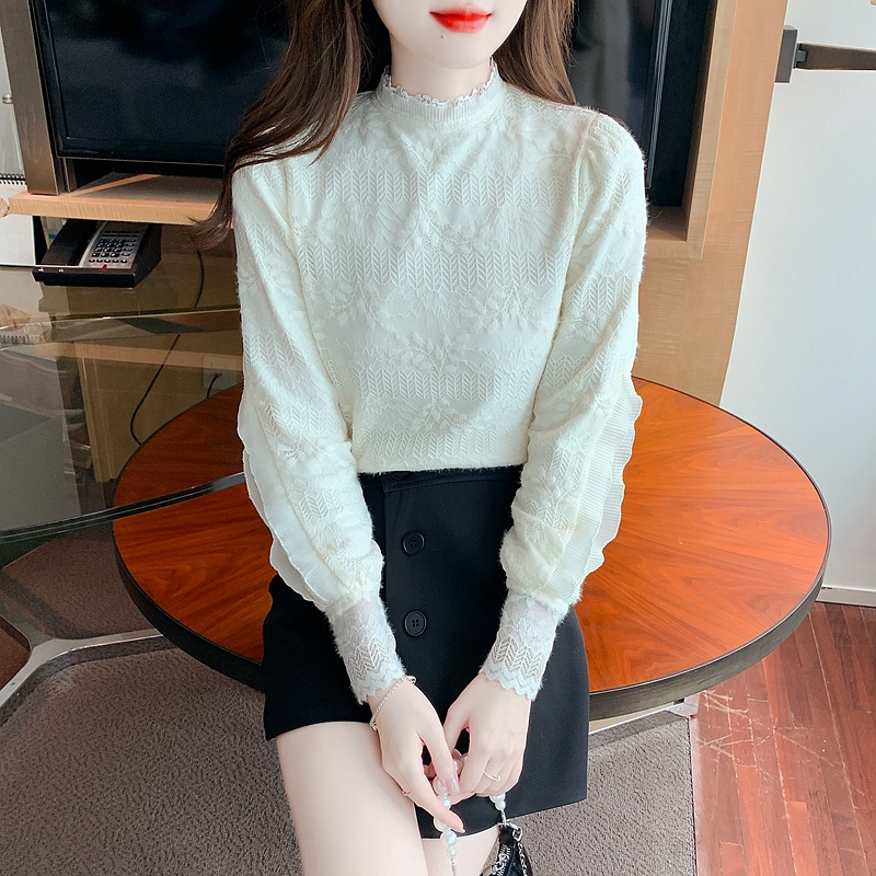 Áo Ren Lưới Tay Phồng Cổ Đứng Phong Cách Phương Tây Thời Trang Mùa Đông Cho Nữ