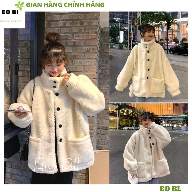 Áo lông trắng tay dài cổ bẻ thiết kế khuy cài đen làm áo khoác phối đồ thu đông siêu xinh siêu ấm phong cách HQ - EOBI