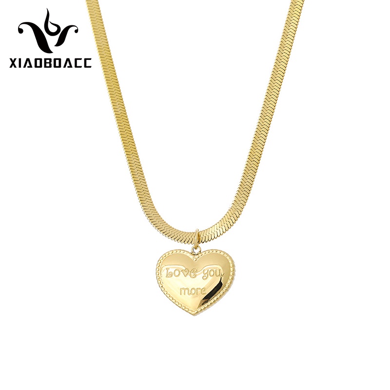XiaoboACC Vòng cổ thép titan mạ vàng mặt trái tim phong cách Hàn Quốc - 40cm + 6cm