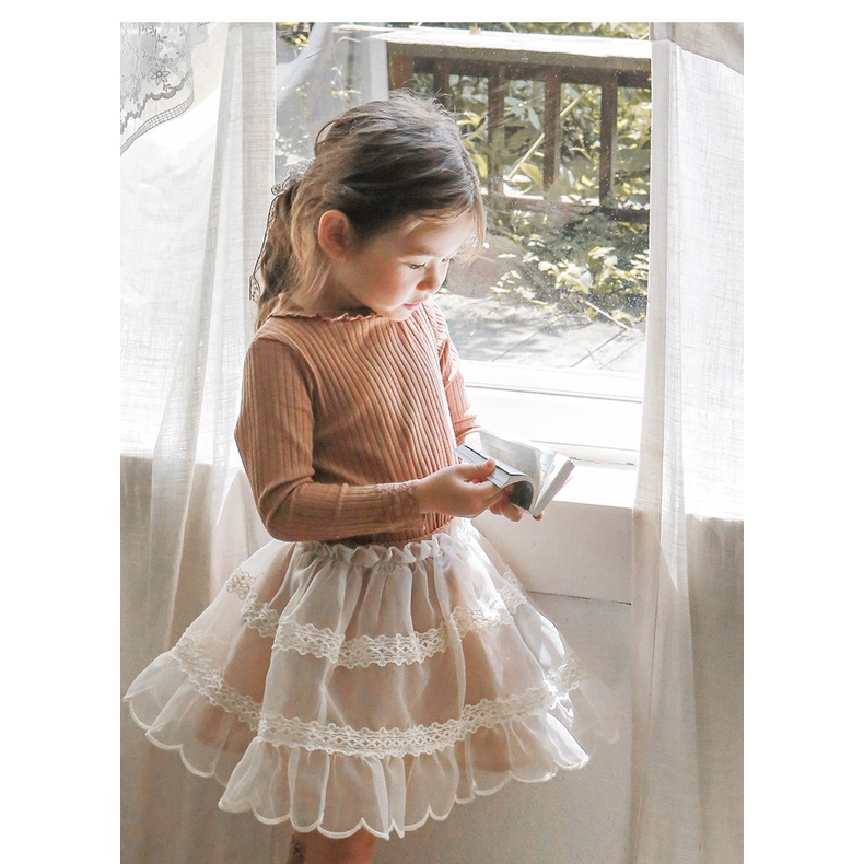 Áo thun gân tay ren cho bé gái 4 màu AST002