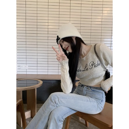 Áo Thun Tay Dài Cổ Tròn Thêu Chữ Thời Trang Thu Đông Hàn Quốc Mới