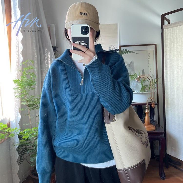 Áo Sweater Cổ Cao Dáng Rộng Phối Khóa Kéo Đơn Giản Theo Phong Cách Thu Đông Hàn Quốc Dành Cho Nữ