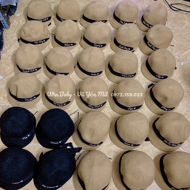 Mũ len lưỡi trai thêu tên độc quyền bé trai bé gái có dây quai buộc chống rơi