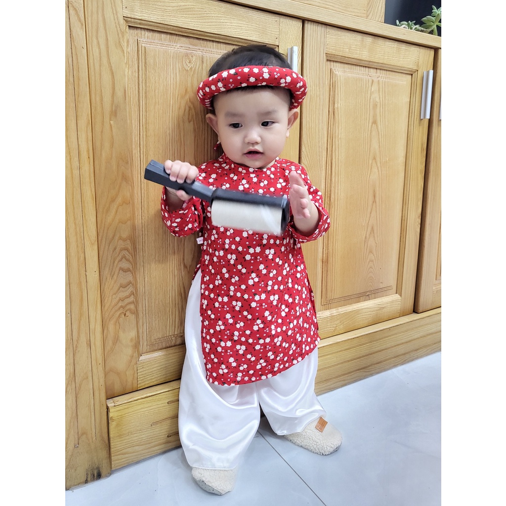 Áo Dài Lụa hoa nhí màu hồng  Cho Bé Gái sơ sinh đến 28kg