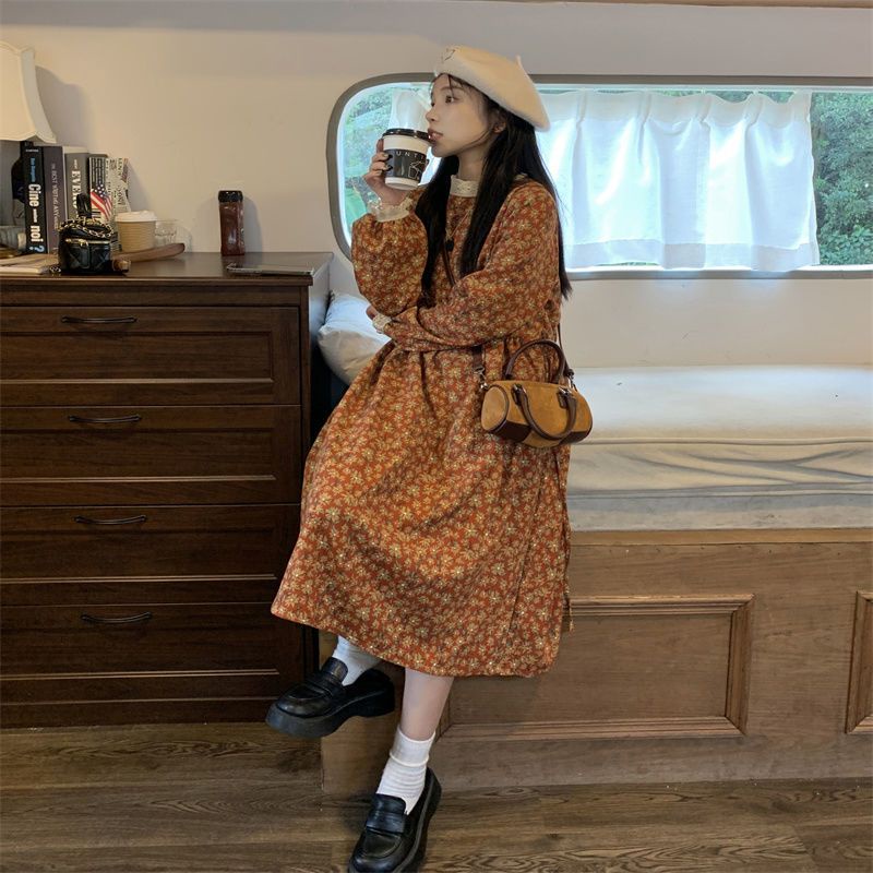 Váy babydoll Đầm Nhung Dáng Dài Họa Tiết Hoa Thời Trang Thu Đông 2022 Mới Cho Nữ