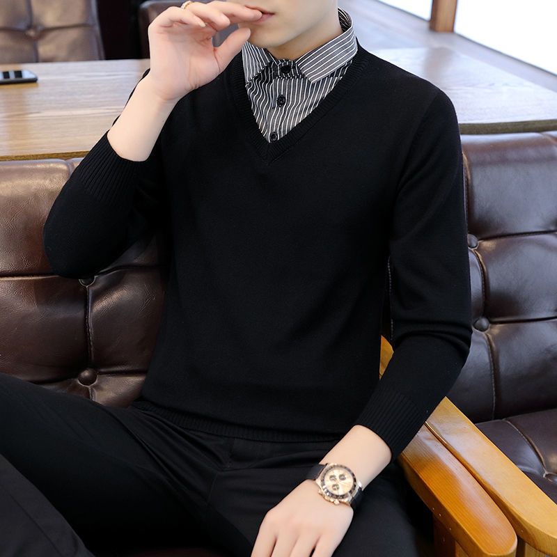 # Áo Len Nam# Áo Sweater Cotton Giả Hai Lớp Màu Sắc Đơn Giản Cho Nam