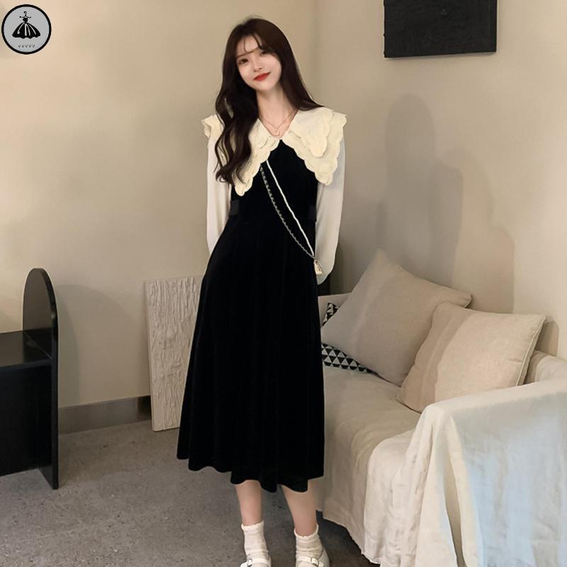 Váy babydoll Đầm Nhung Đen Giả Hai Lớp Tay Dài Ôm Eo Cổ Búp Bê Phong Cách Pháp Thời Trang Xuân Thu Cho Nữ